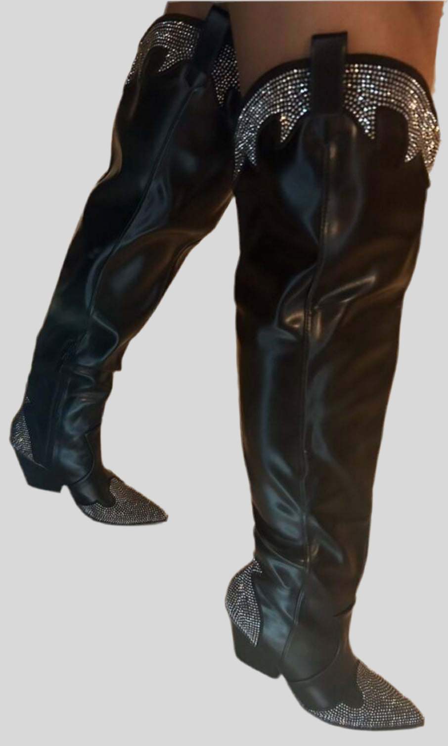 “Noir Tennessee” Rhinestone Decor Side Zipper Riding Boots