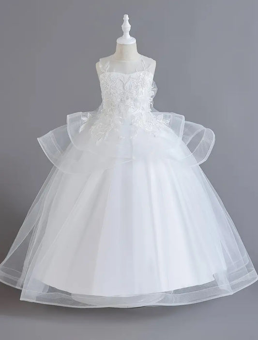First Communion Princess Dress - Floral Lace Embroidered, Sleeveless