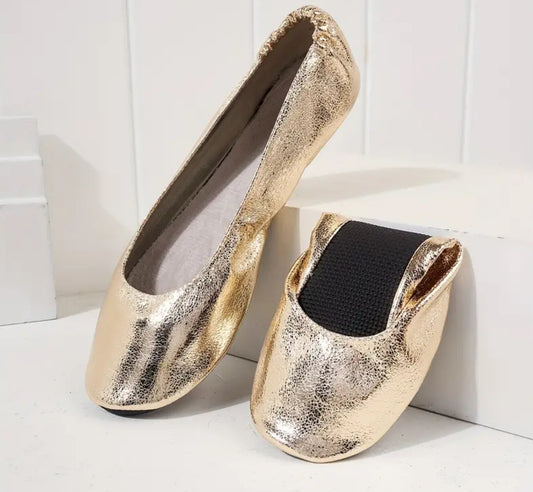 “ Portable Feet Savers” Women's Metallic Flat Shoes, Casual Slip On + Carry Along Bag