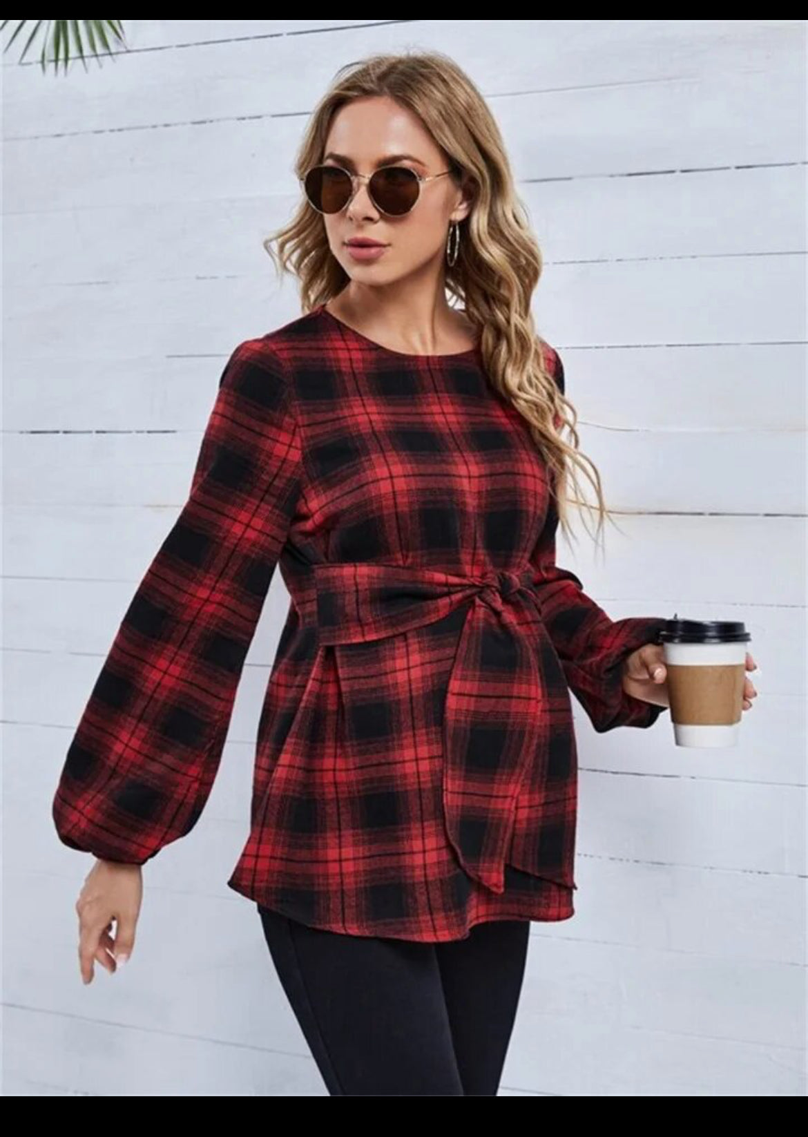 Women's European and American maternity wear autumn red plaid top