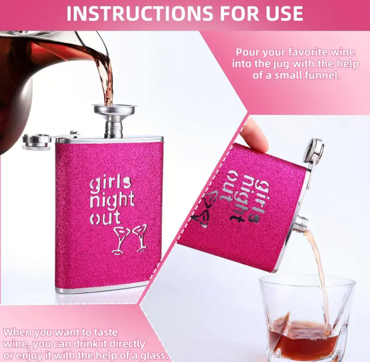 1set/1pc ‘Ladies Night Out’ Stainless Steel, Glitter Pocket Flask & Funnel