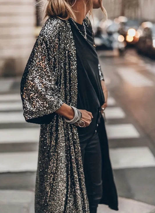 Plus Size Sequin Open, Casual Long Sleeve Cardigan