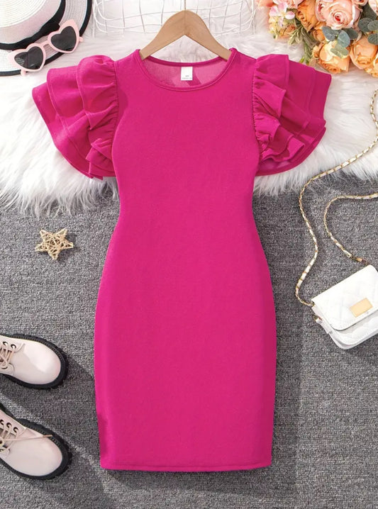 Layered Ruffle Trim Short Sleeve Dress, Hot Pink, Girls