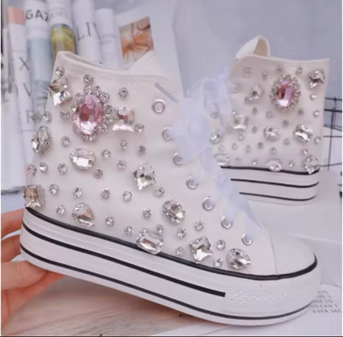 Zapatos de lona hechos a mano con cinta de diamantes de imitación y piedras preciosas para banquetes de bodas, zapatos deportivos casuales con cordones de caña alta para mujer, talla 35-40
