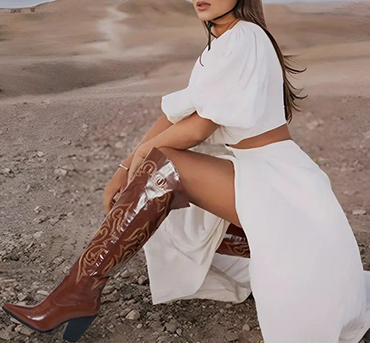 Women Cowboy Western, Vintage Retro High Heeled Long Boots
