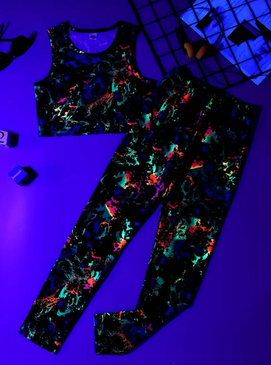 Girls 2pcs Graffiti Tank Top & Matching Pants Luminous Glow-In-The-Dark Pattern