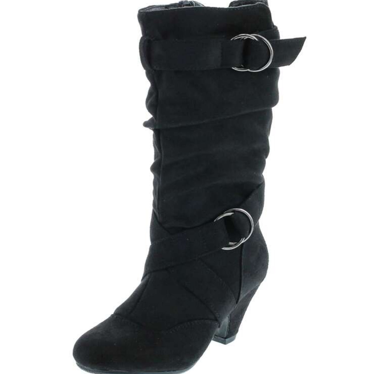 Youth High Heel, Mid Calf Slouch Boots with Decorative Buckle