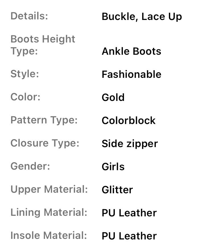 Girls Gold, Motorcycle Ankle Boots, Glitter Lace- Up Side Zipper