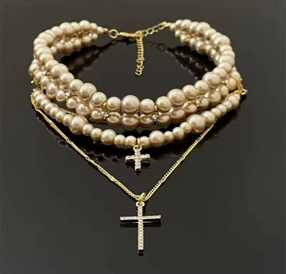 European Multi-Layered Imitation Pearl Necklace with Cross Pendant