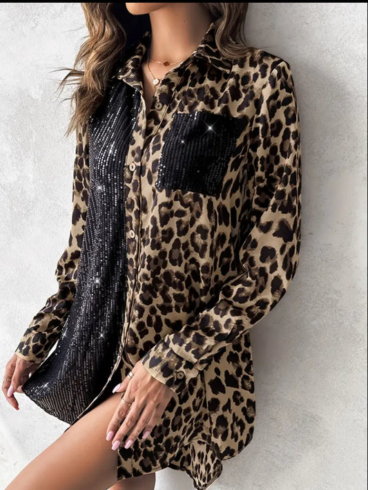 Contrast Sequin Leopard Print Button Up Dress