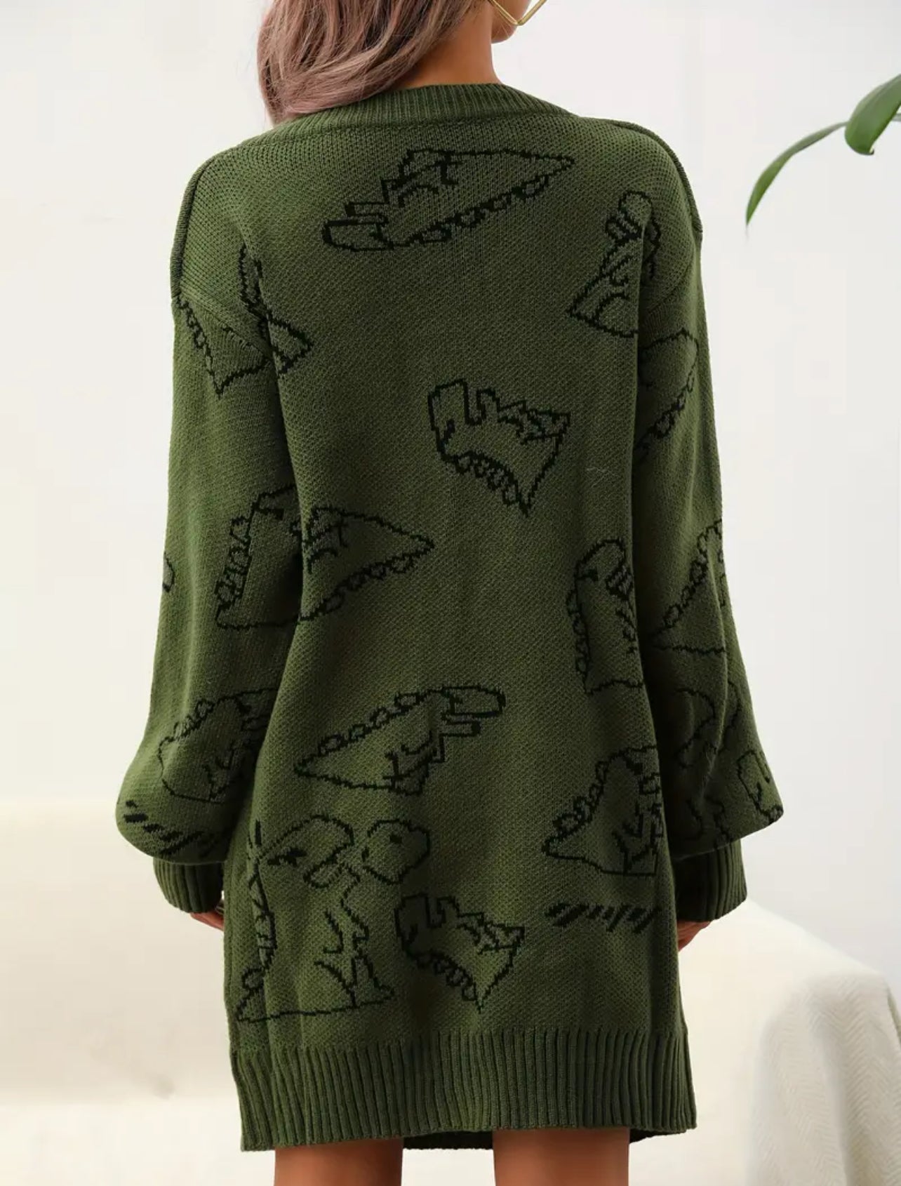 Cute Dinosaur Pattern V Neck Dress, Casual Long Sleeve, Knitted Dress