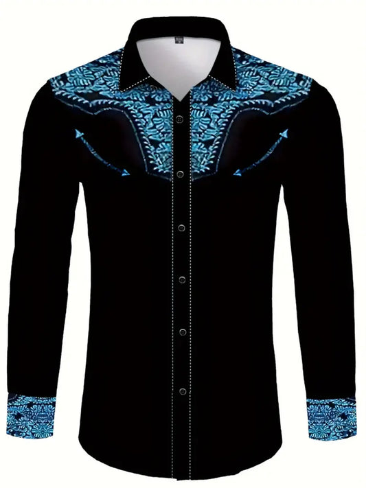 Men's Casual Retro Printed Long Sleeve Shirt, Chic Button Up Shirt