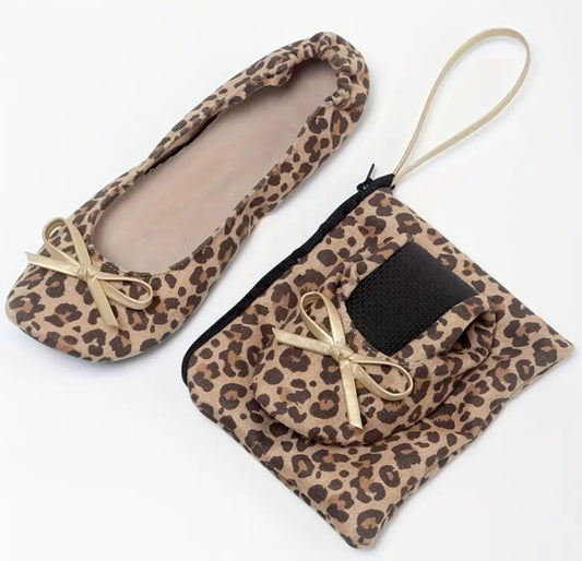 Leopard “ Portable Feet Savers” Women's Flat Shoes, Casual Slip On + Carry Along Bag