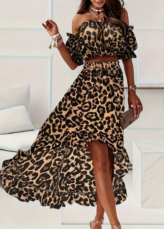 “Elegant Leopard” Two-piece Set, Off Shoulder Short Sleeve Top & Dipped Hem Skirts
