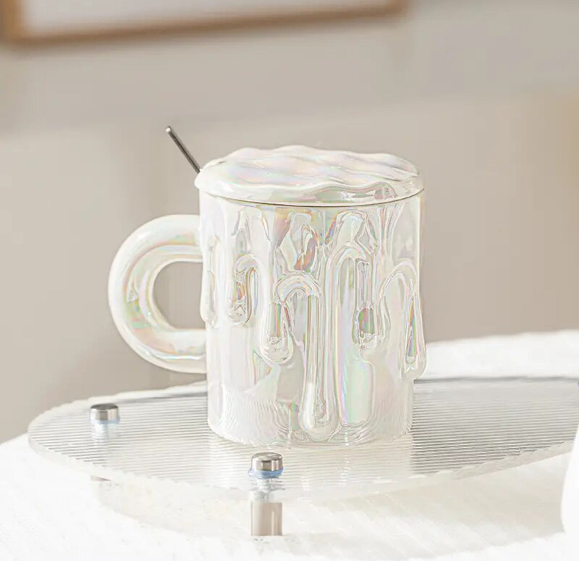 Shimmer Melting Coffee Mug With Lid And Spoon, 12.17oz, Glossy Ceramic