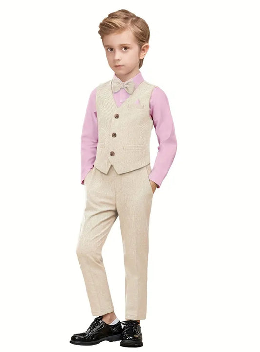 Spring Colors, 4pcs Boy's Gentleman Outfit, Bowtie & Shirt & Vest & Pants Set