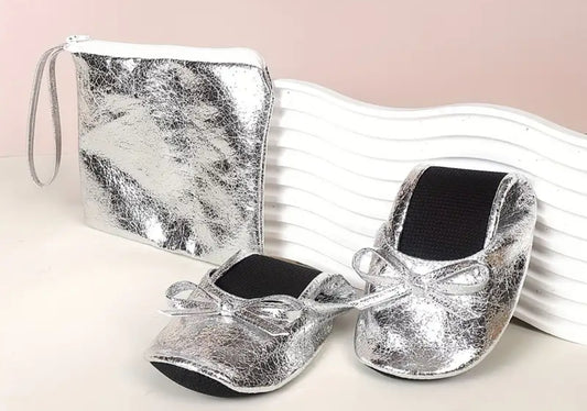 Metallic Pink “Portable Feet Savers” Women's Metallic Flat Shoes, Casual Slip On + Carry Along Bag