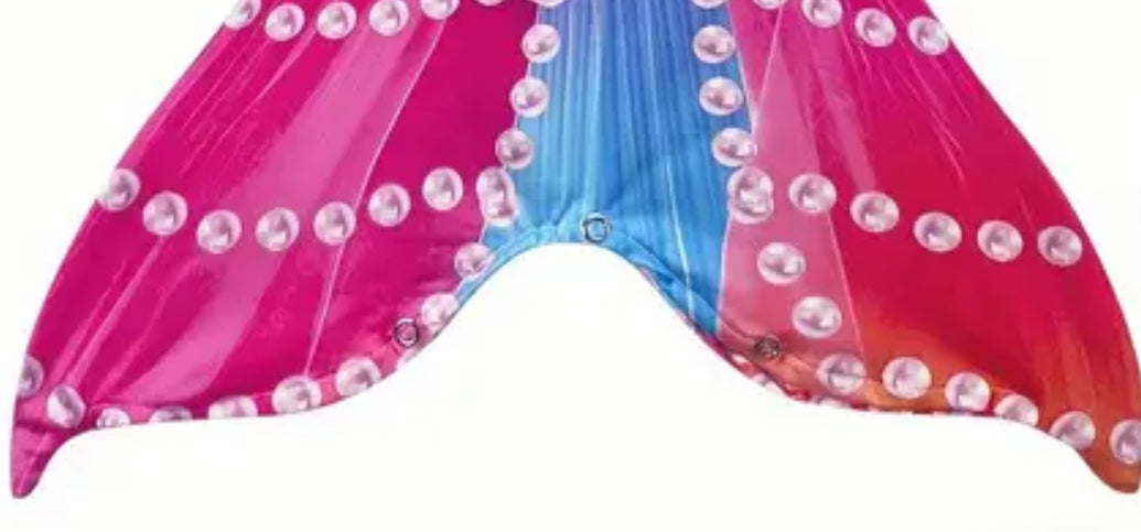 “Mermaid Girls” 4PCS, Frill Trim Mermaid Tail Skirt, Fin, Halter Top + Bottom Fish Scale Swimsuit
