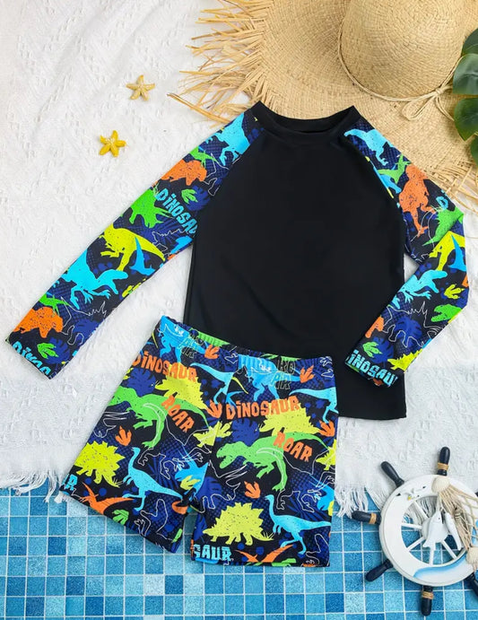 2pcs Colorful Dinosaur Pattern Swimsuit For Boys, T-shirt & Swim Trunks Set