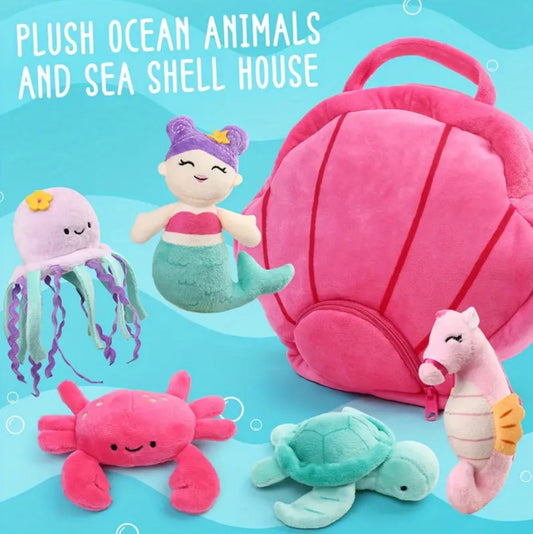 5 Pack Small Sea Creature Plush Toys and Shell Carrying Bag Set, Cute Plushies 0-10 Years