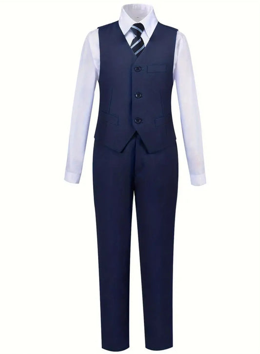 Boy's Navy Blue, 4 piece set, Vest, Shirt, Pants & and Navy Blue Striped Tie