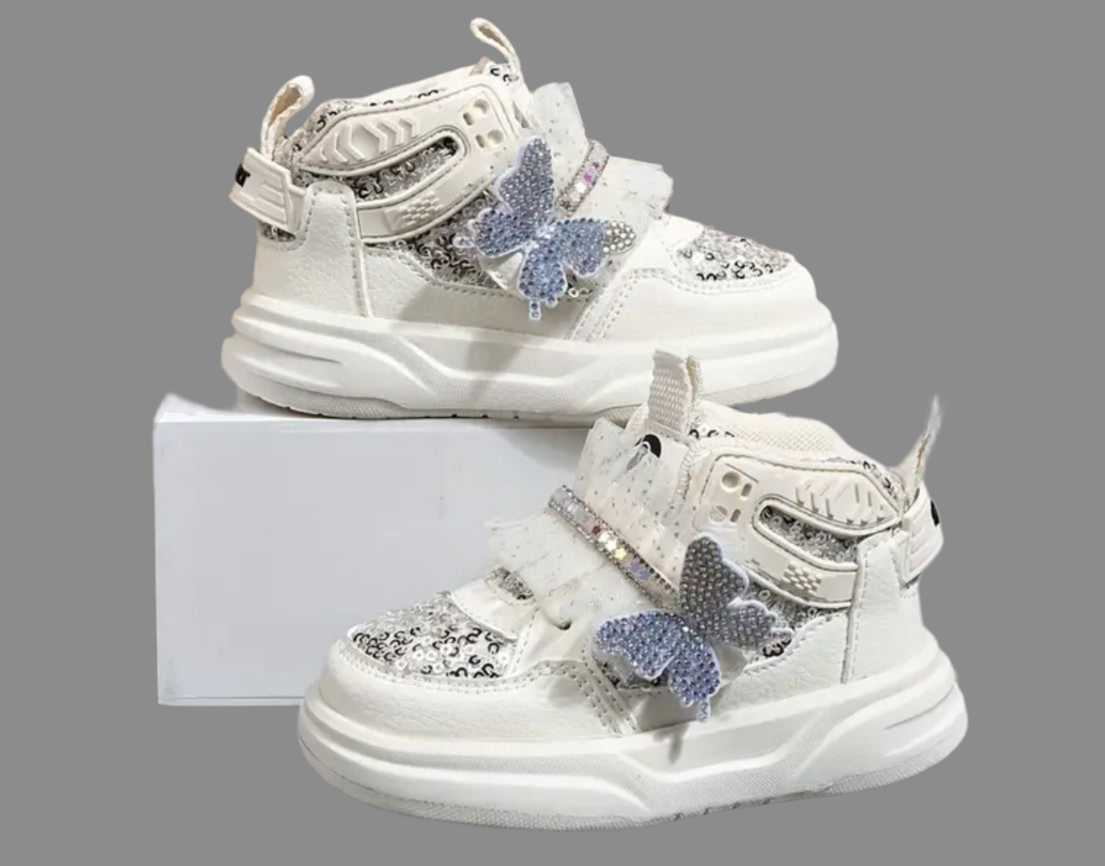 “Sparkling Butterfly Bow & Sequin” Girls' Mid-Top Sneakers