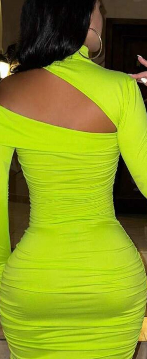 “Neon U” Long Sleeve, Ruched Bodycon Dress, Cut Out Shoulder