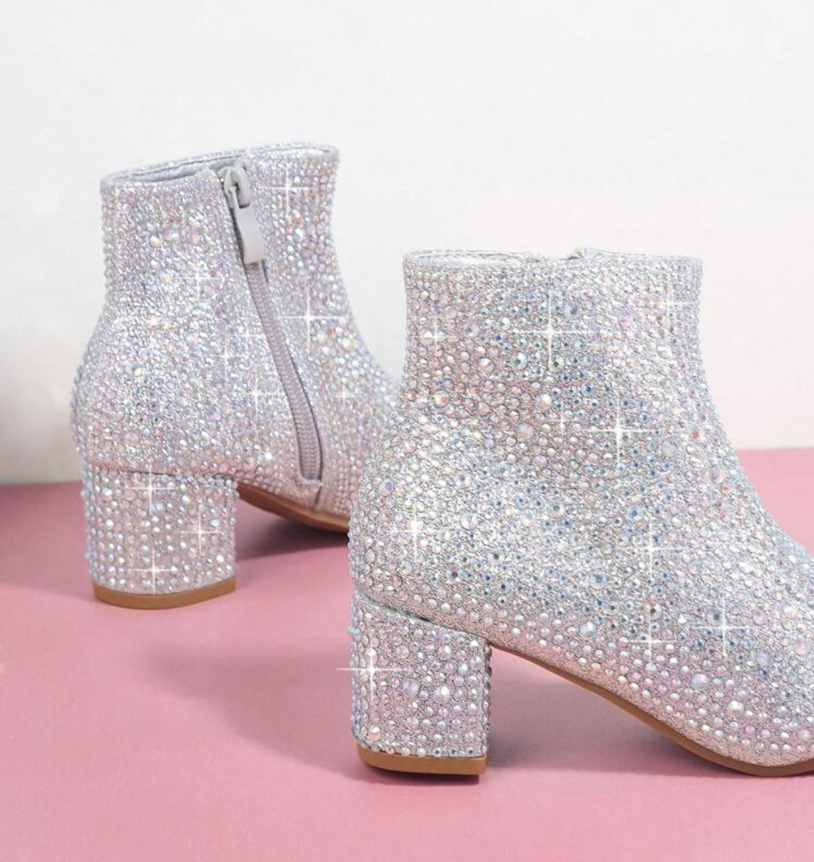 Girls Rhinestone Decor Side Zipper Chunky Boots