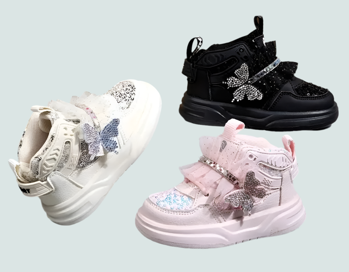 “Sparkling Butterfly Bow & Sequin” Girls' Mid-Top Sneakers