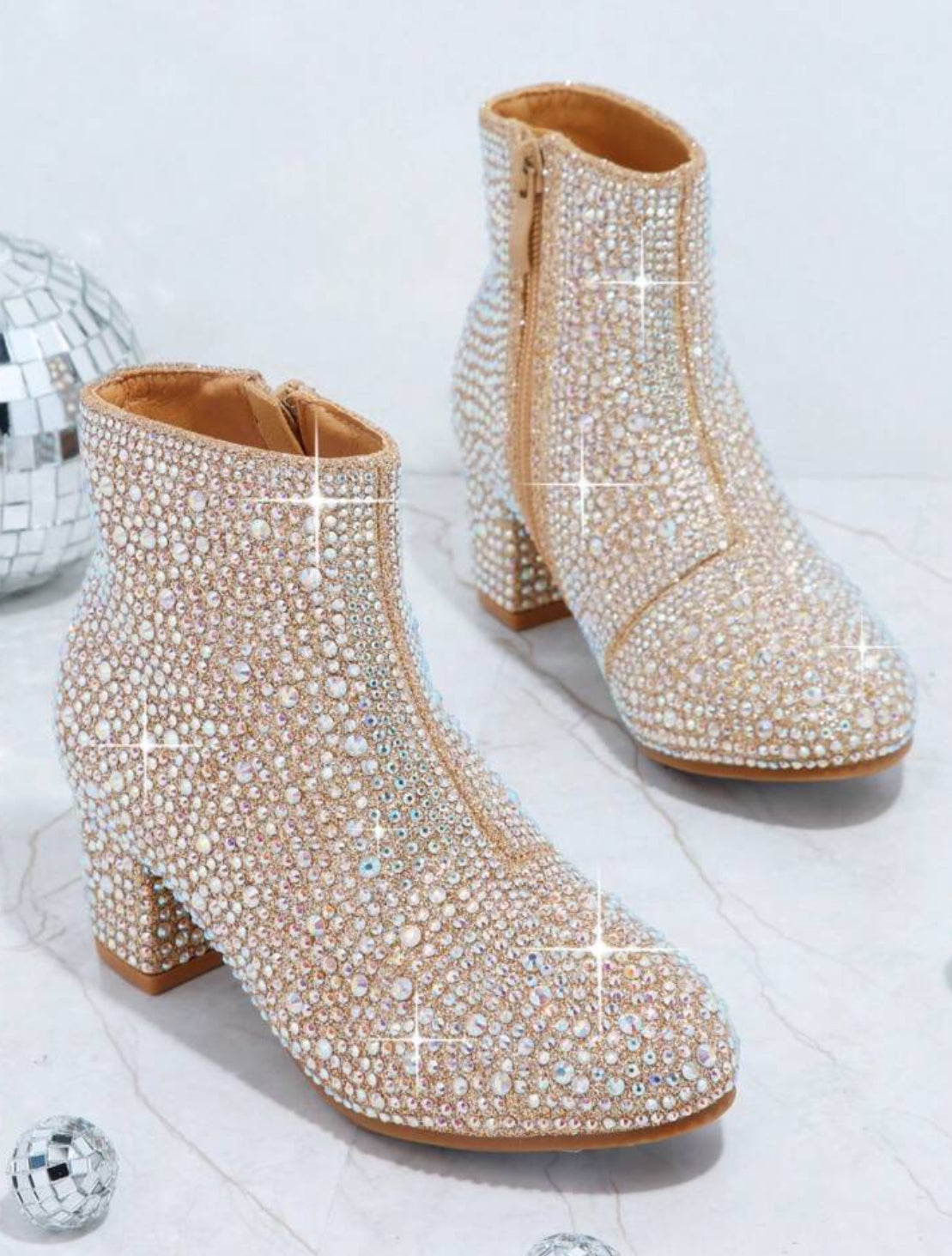 Girls Rhinestone Decor Side Zipper Chunky Boots