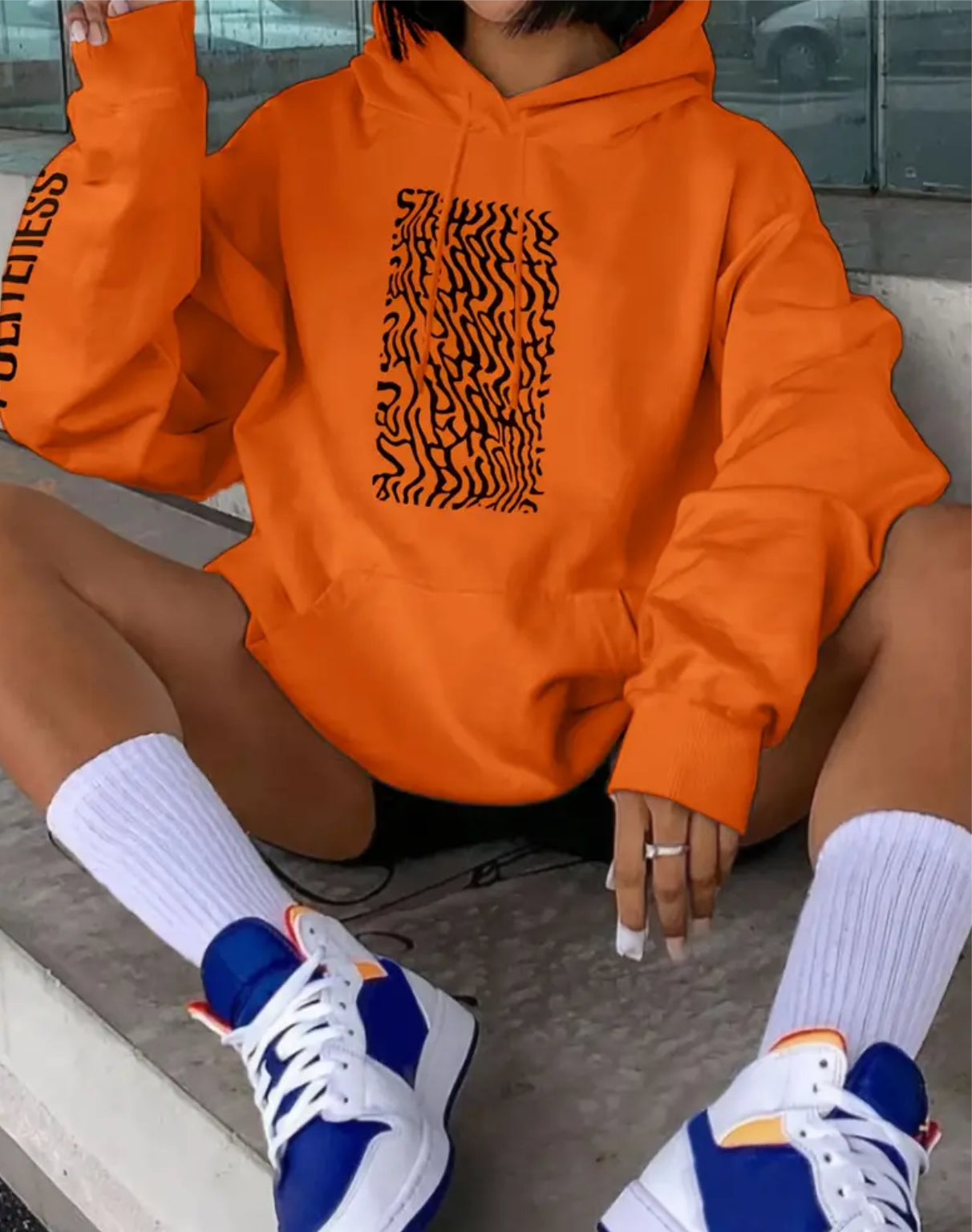 “Politeness” Orange Casual Long Sleeve Hooded Sweatshirt, Drawstring