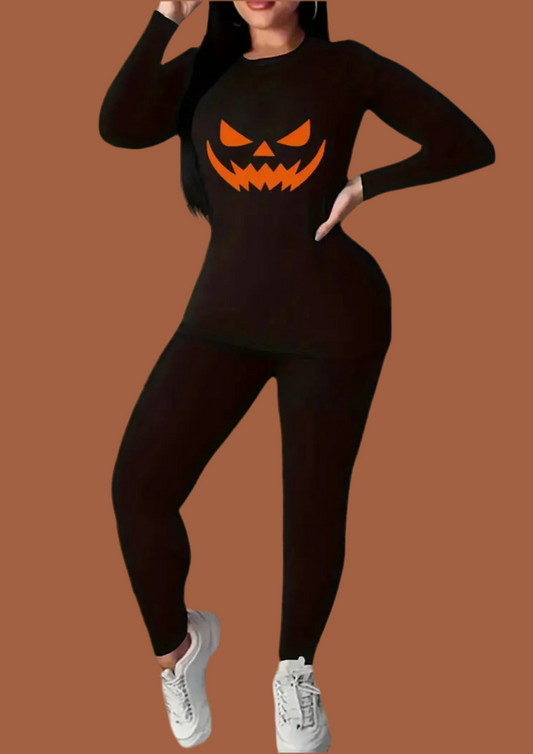 Halloween Pumpkin Face Long Sleeve Top & Leggings Set - Stretchy