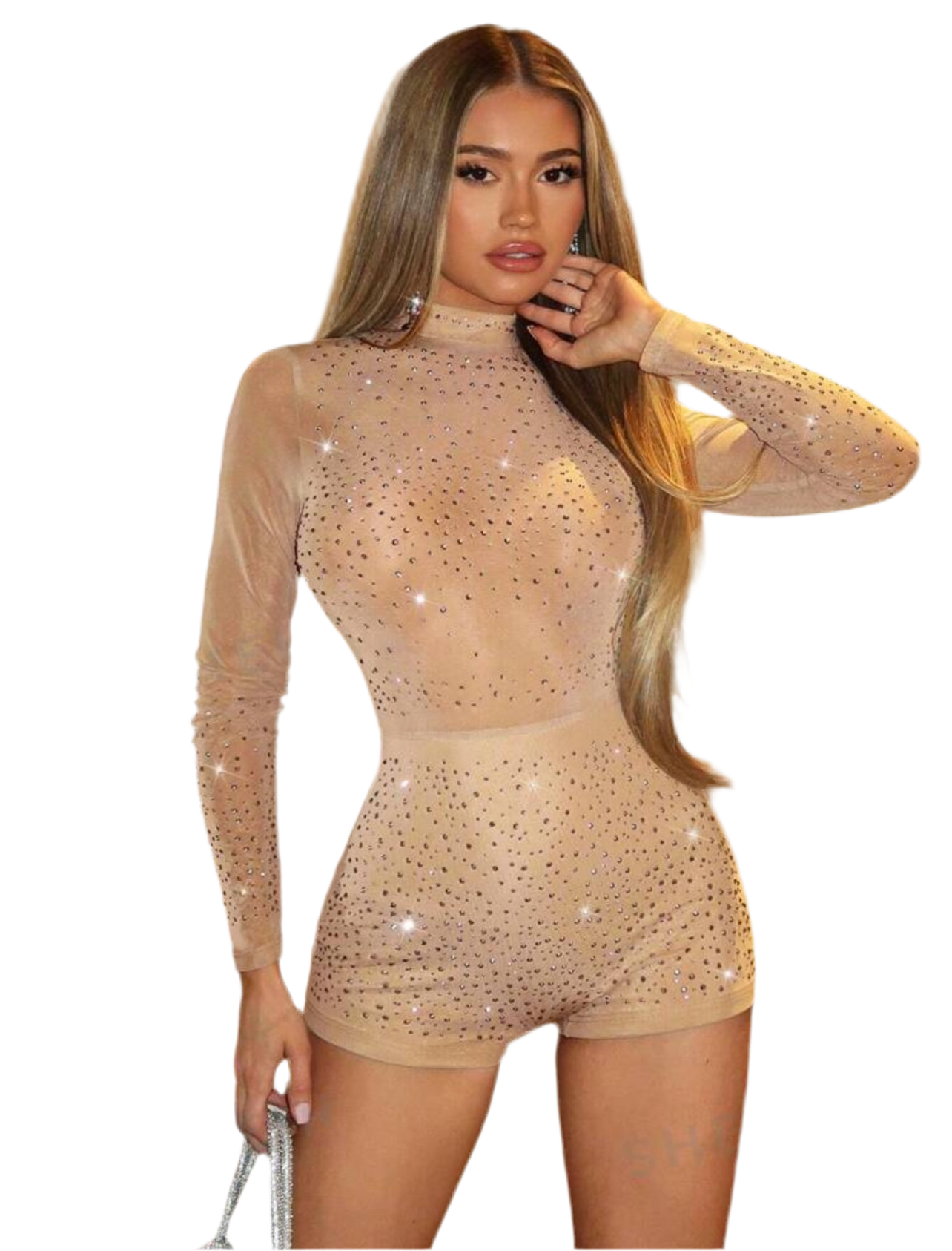 Elegant Sheer Rhinestone Crystals Embellished Tight Jumpsuit, Long Sleeve, Mock Neck