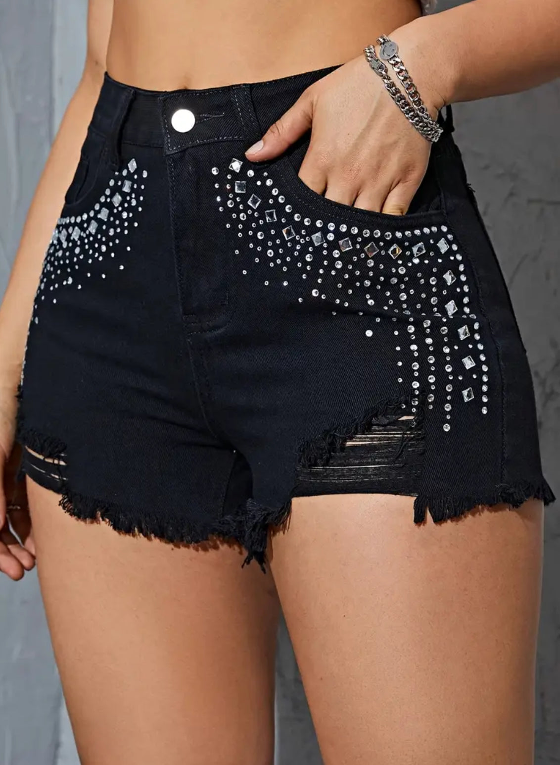 Crystal’s Black Distressed Denim Shorts