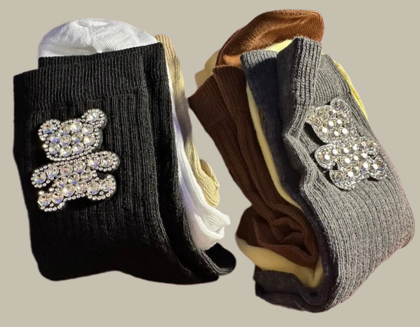 6 Pairs, Designer “Rhinestone Modish Teddy Bear” Mid Tube