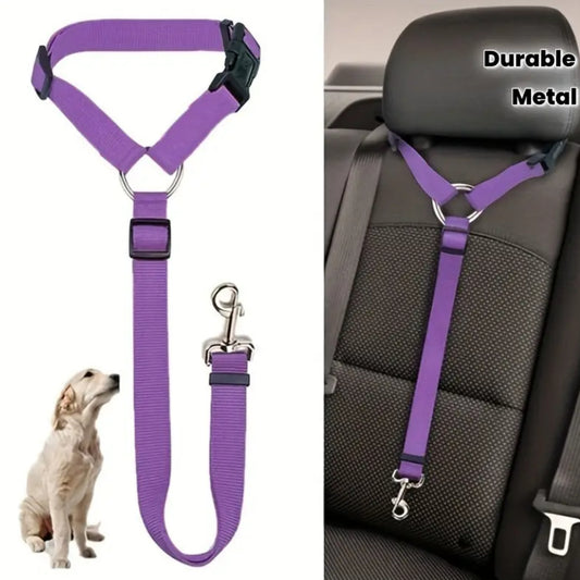 Pet Car Seat Belt |  Front and Rear Seat - 1pc Adjustable with 2-in-1 Nylon Lead | Durable Harness for Secure Travel, Sturdy Metal Buckles