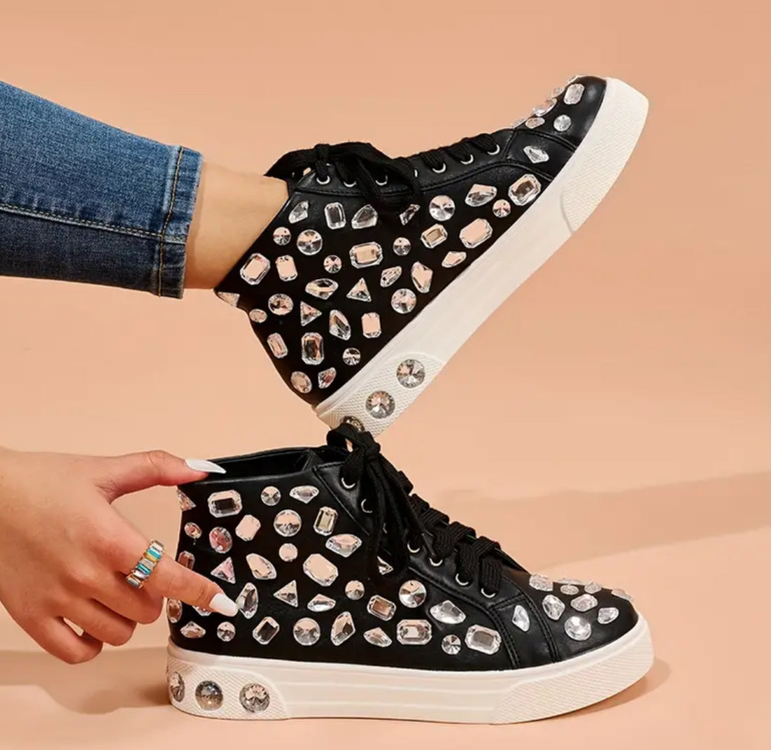 Zapatillas altas con cordones y decoración de diamantes de imitación para mujer