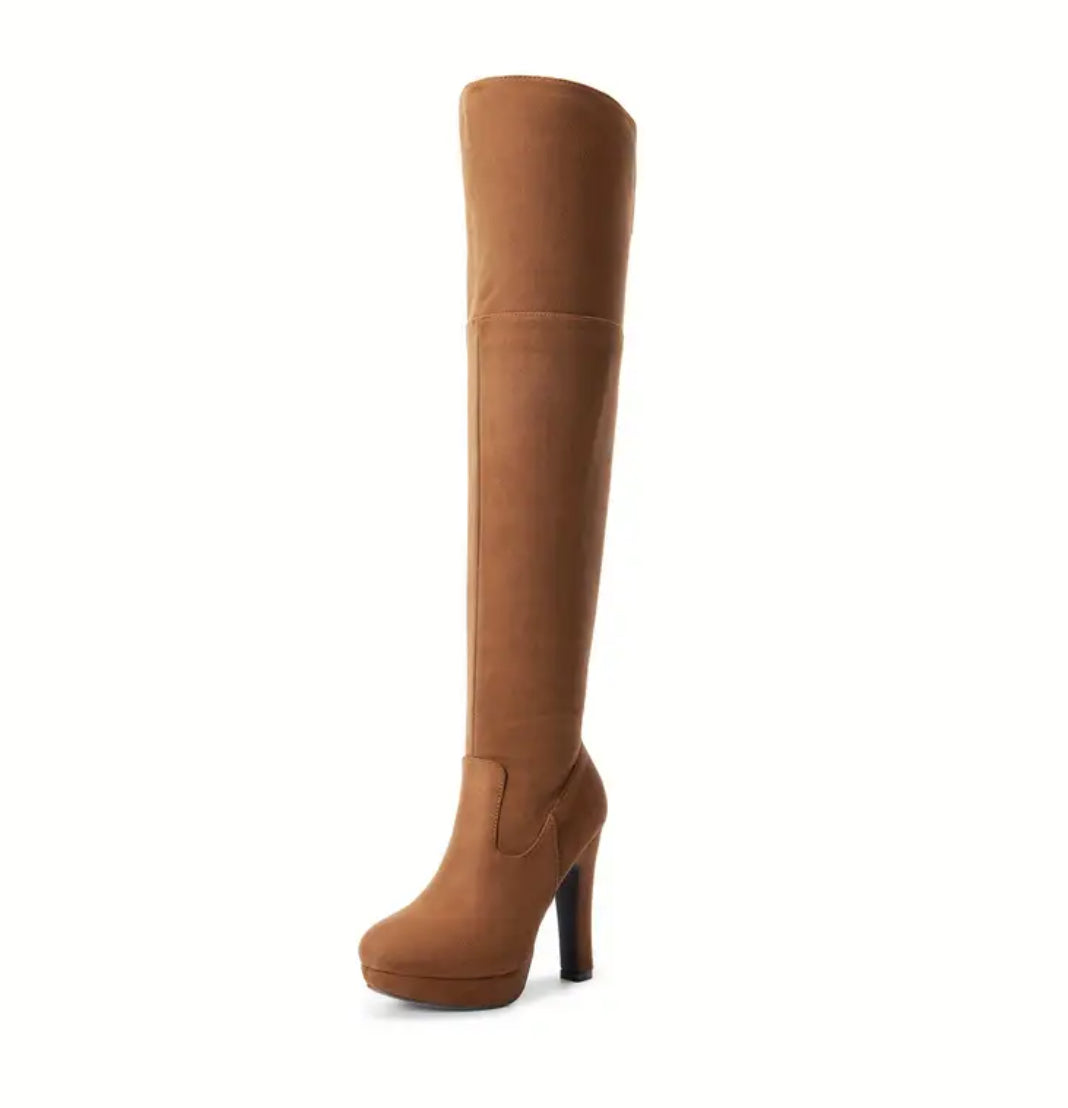 “Yankee Chic” Chunky, Thigh High Over The Knee High Heel Leatherette Boots