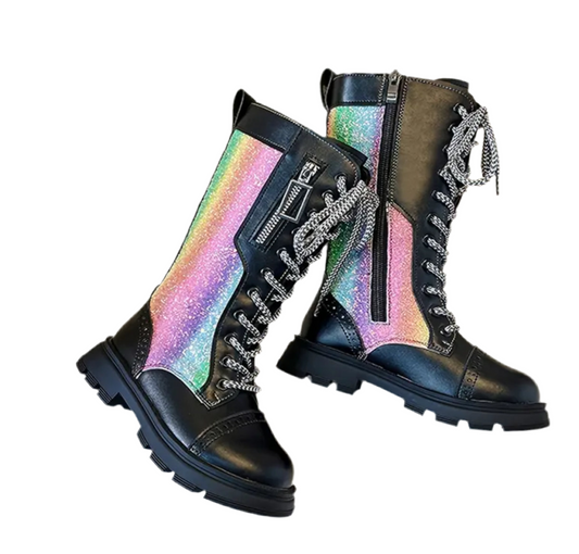 “High Top Rainbows” Leather Boots With Side Zipper,Comfy, Non Slip