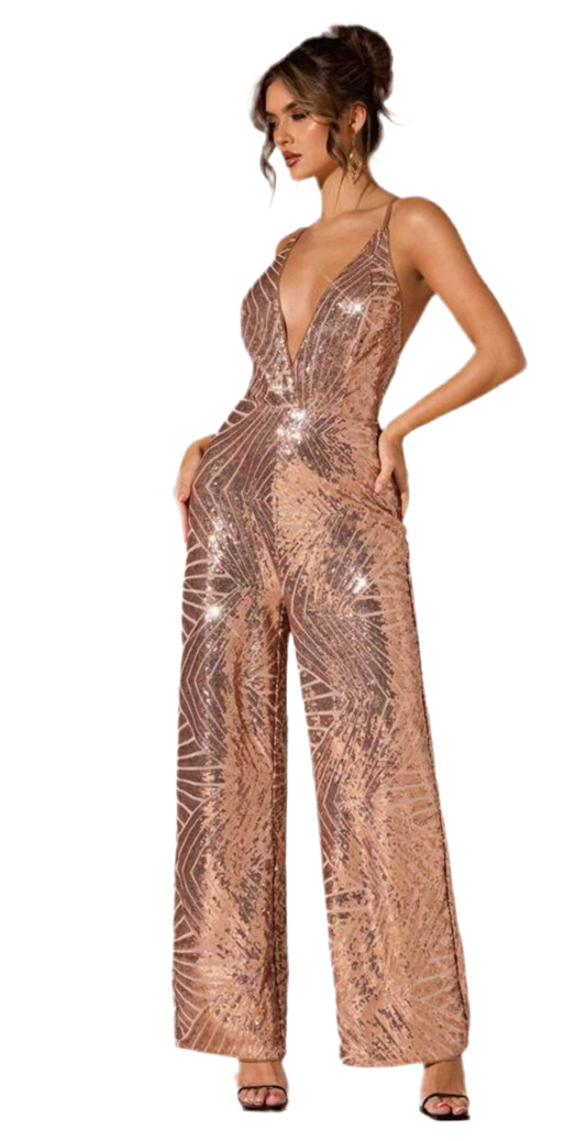 “Genevieve” Crisscross Lace Up Backless Sequin Cami Jumpsuit