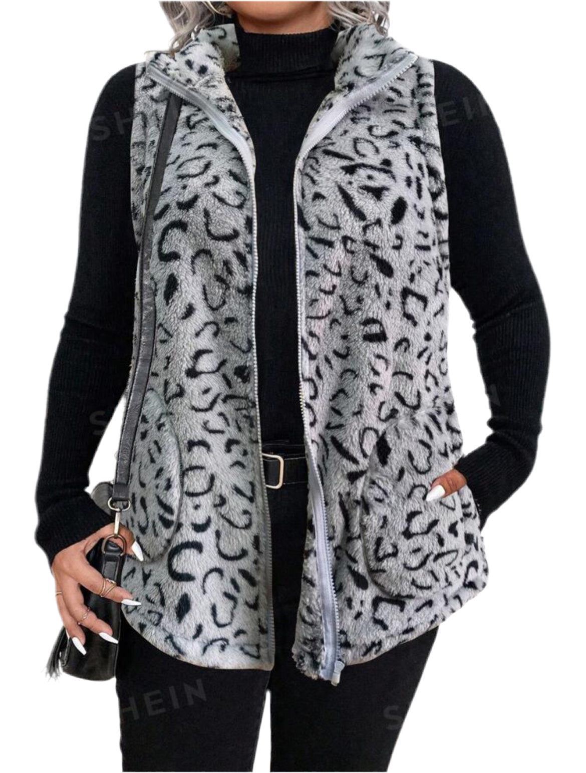 “Chic Leopard” Sleeveless Leopard Faux Fur, Front Zip, Warm