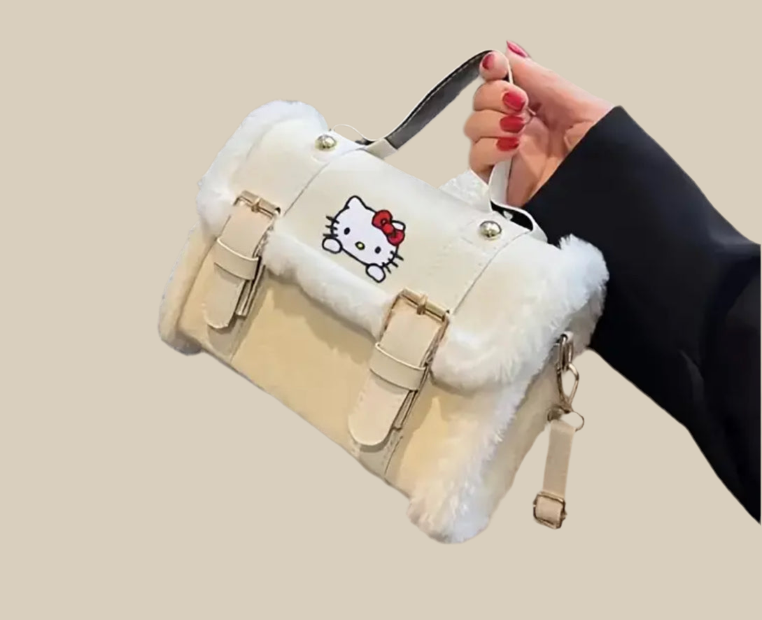 “Chic Hello Kitty” Plush Crossbody Bag, Adjustable Strap, Durable PU Lining, Faux Fur