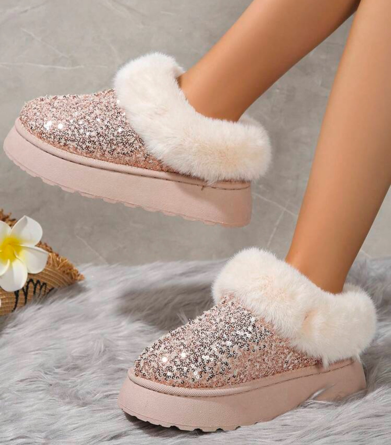 Women's Sequin Fur Lined Winter Warm Slip-On, In Door-Outdoor Slippers