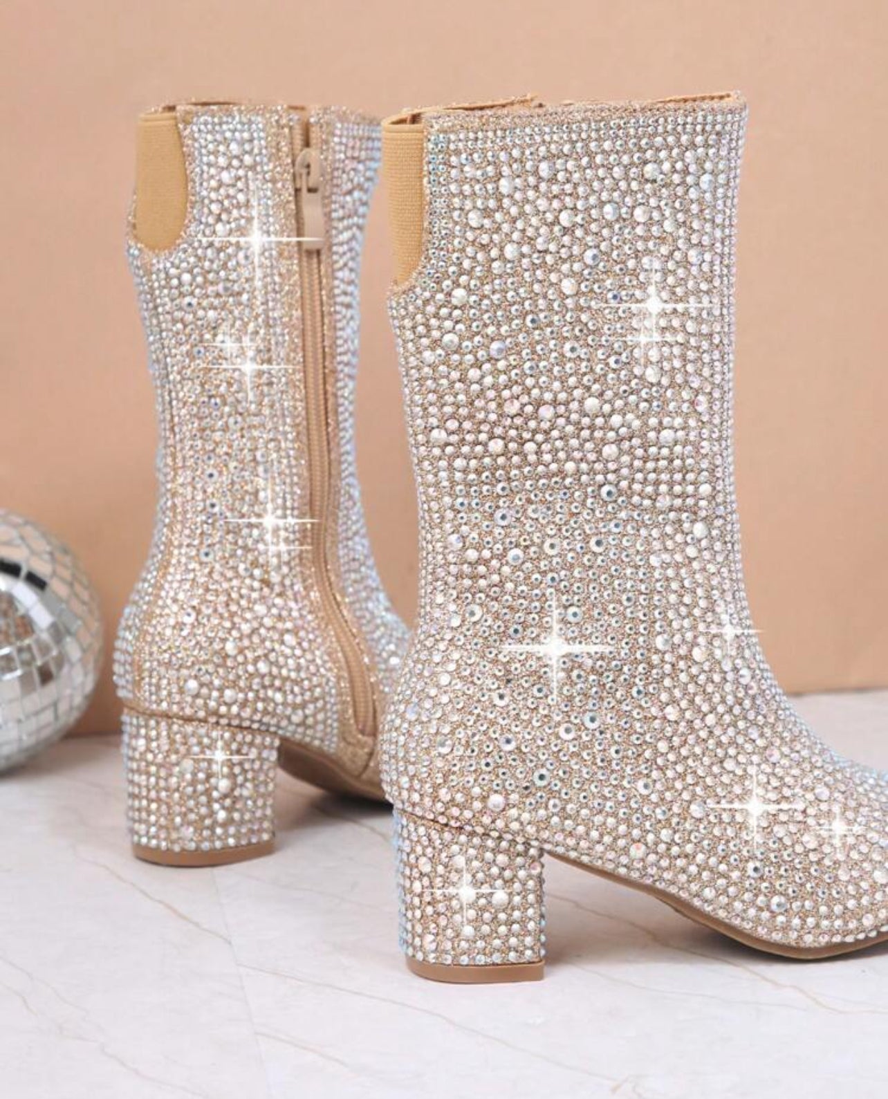 Botas de tacón grueso con cremallera lateral y diamantes de imitación para niñas