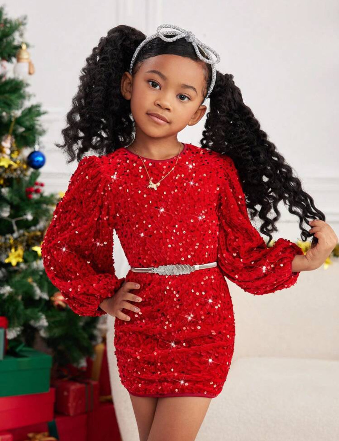 “My Family & Me” Little Girls Velvet Sequin Embroidery, Woven Round Neck, Puff Sleeve, Fitted, Zipper, Elegant Dress