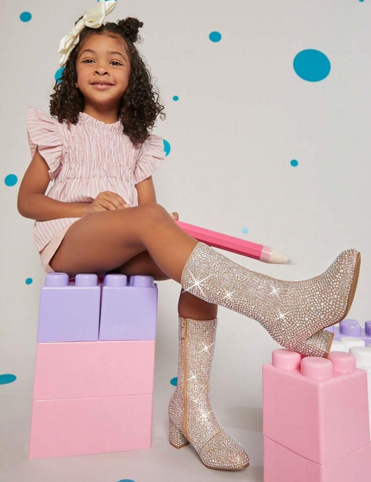 Botas de tacón grueso con cremallera lateral y diamantes de imitación para niñas