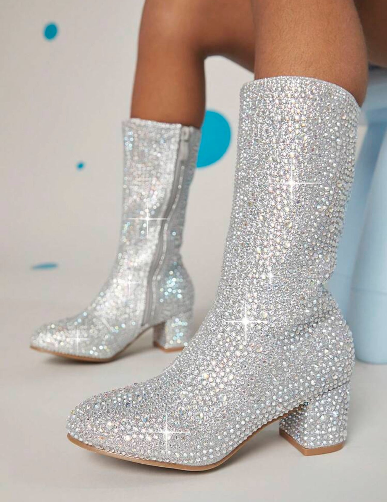 Botas de tacón grueso con cremallera lateral y diamantes de imitación para niñas