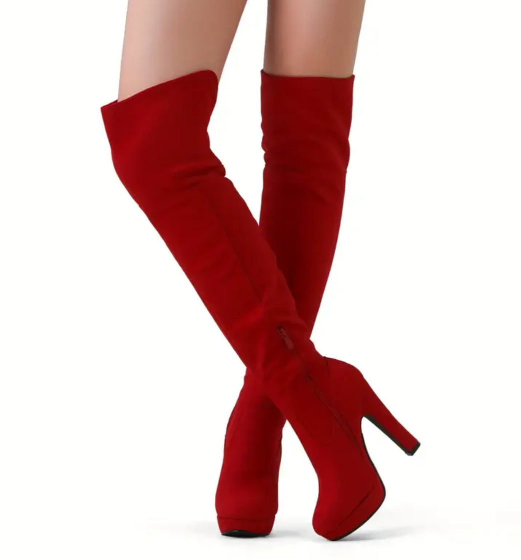 “Yankee Chic” Chunky, Thigh High Over The Knee High Heel Leatherette Boots