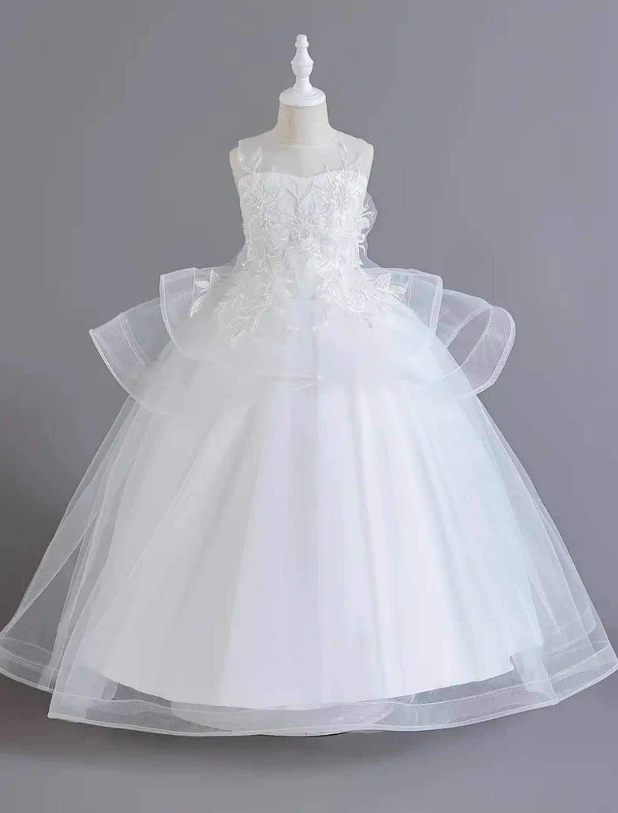 First Communion Princess Dress - Floral Lace Embroidered, Sleeveless