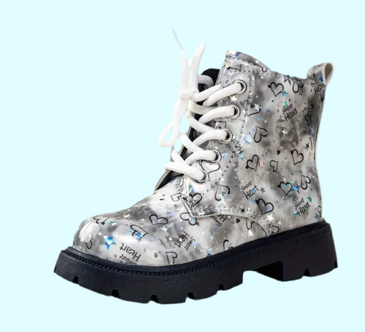 “Hearts & Confetti” Fashion Boots, Heart/Star Pattern, Zip Closure, PU Upper with Fabric Lining